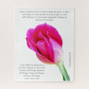 Single pink rose bloom on white, Corinthians Verse Jigsaw Puzzle