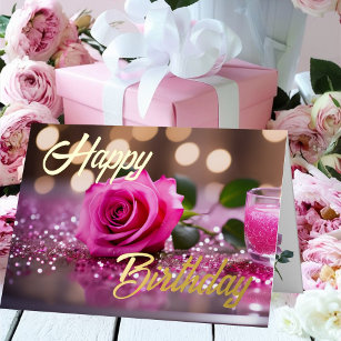 Single Pink Rose Elegant Birthday Wish  Foil Greeting Card