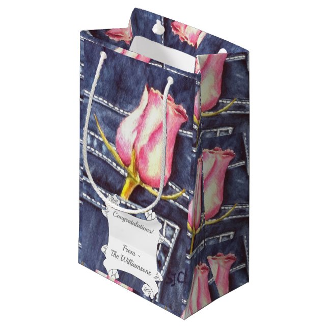 Single Pink Rose Small Gift Bag (Front Angled)