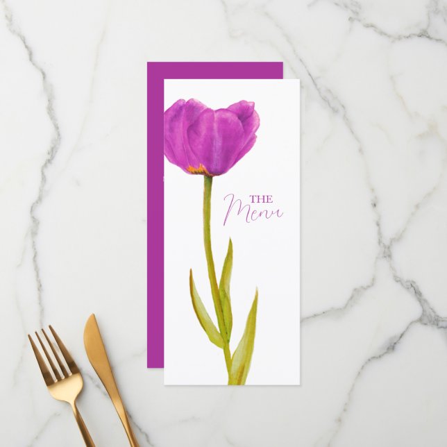 Single purple tulip watercolor art wedding menu (Front/Back In Situ)