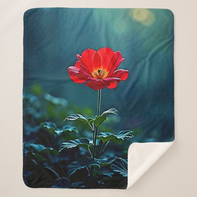 Single Red Bloom Focus Design Sherpa Blanket (Front)
