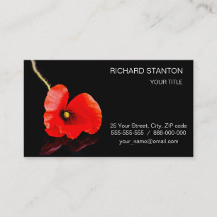 Single red poppy on black business card
