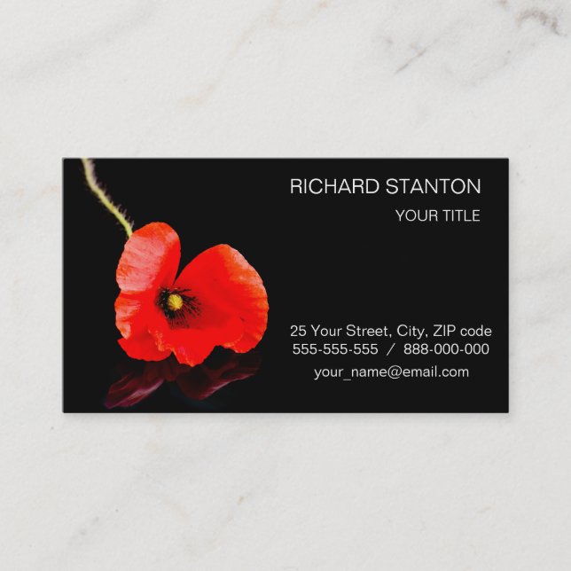 Single red poppy on black business card (Front)