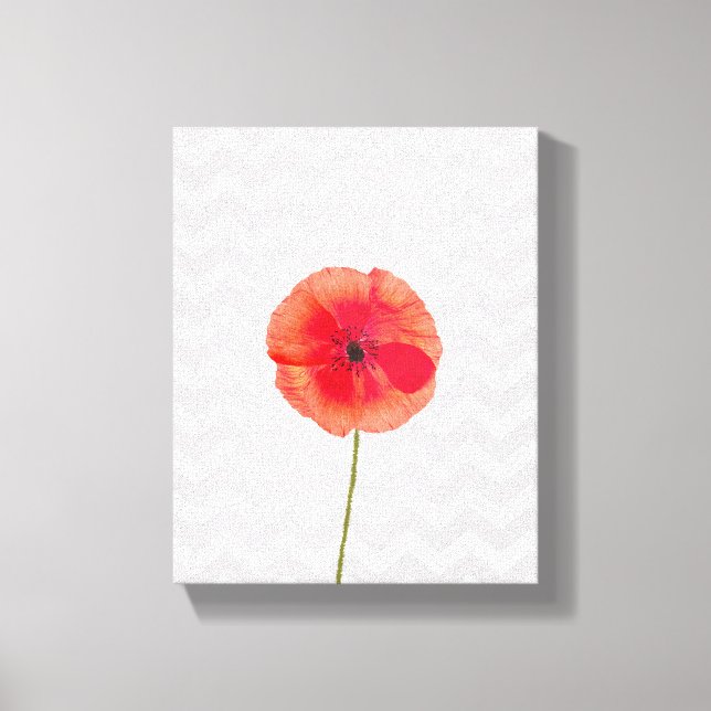 Single red poppy on grey and white chevron pattern canvas print (Front)