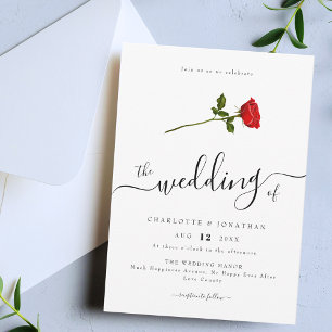 Single Red Rose Elegant Script Minimalist  Invitation