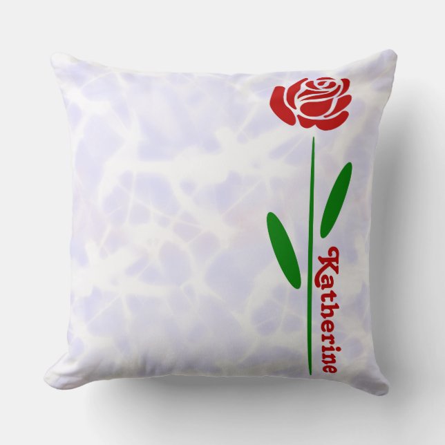 Single Red Rose Green Stem Leaves Customise Name Cushion (Front)