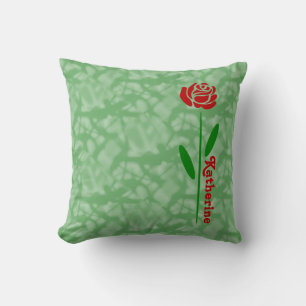 Single Red Rose Green Stem Leaves Customise Name Cushion