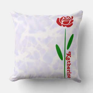Single Red Rose Green Stem Leaves Customise Name Cushion