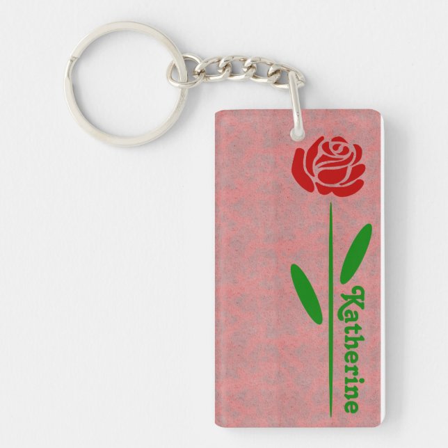 Single Red Rose Green Stem Leaves Customise Name Key Ring (Front)