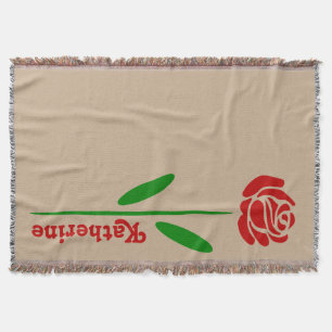 Single Red Rose Green Stem Leaves Customise Name Throw Blanket