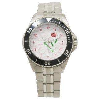 Single Red Rose Green Stem Leaves Customise Name Watch