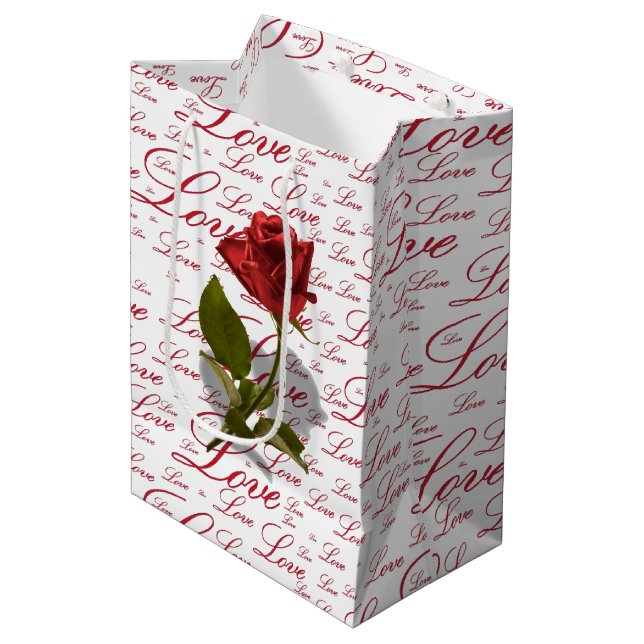Single Red Rose Photo - Love Typography Pattern  Medium Gift Bag (Front Angled)