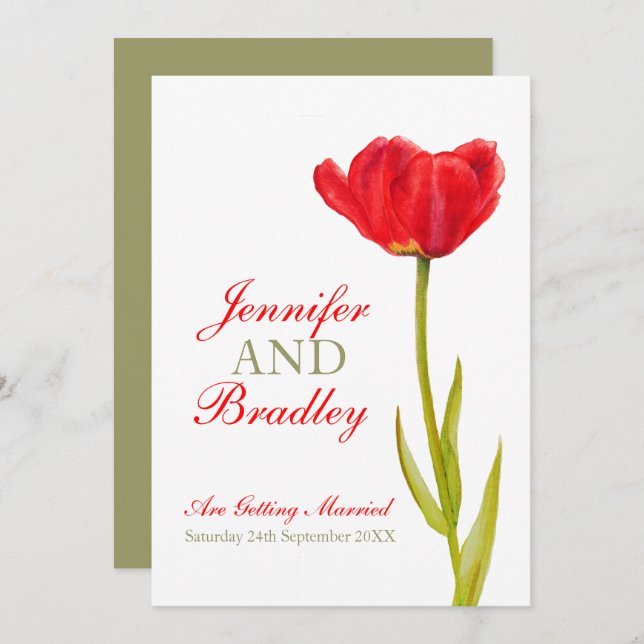 Single red tulip art white green wedding invitation (Front/Back)
