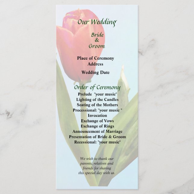 Single Red Tulip Wedding Program Programme (Front)
