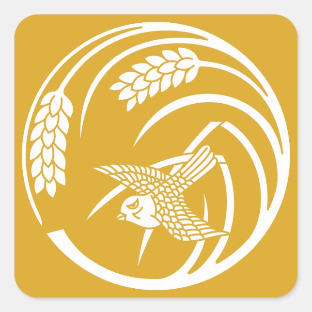 Single rice stalk circle with sparrow square sticker (Front)