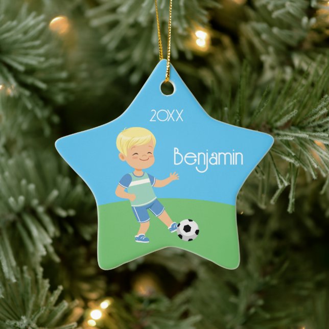 Single Sided Blonde Soccer Boy Ceramic Tree Decoration (Tree)