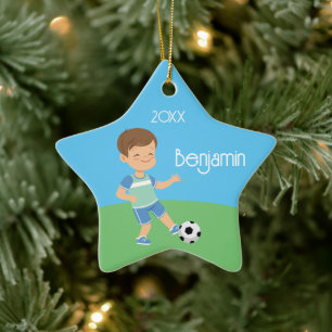 Single Sided Brunette Boy Soccer Ceramic Tree Decoration
