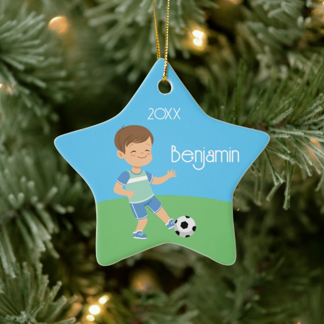Single Sided Brunette Boy Soccer Ceramic Tree Decoration (Tree)