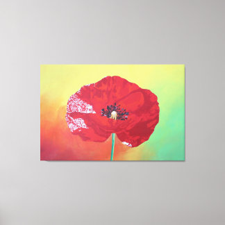 Single Stem Poppy On Red Green And Orange Backgrou Canvas Print