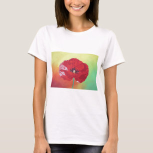 Single Stem Poppy On Red Green And Orange Backgrou T-Shirt