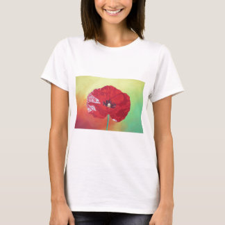 Single Stem Poppy On Red Green And Orange Backgrou T-Shirt