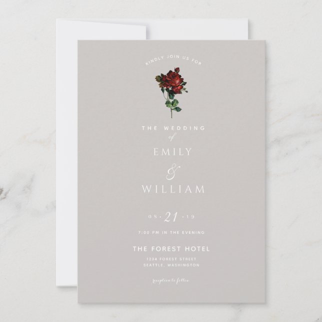 Single Stem Vintage Red Rose Wedding Invitations (Front)