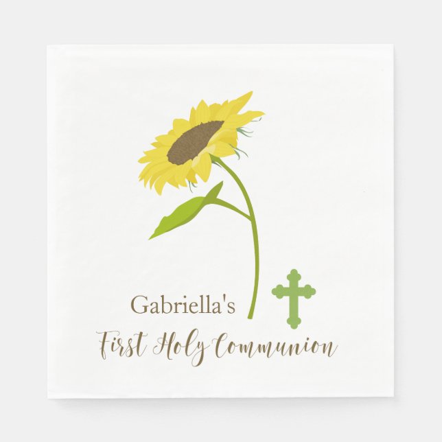 Single Sunflower With Cross First Holy Communion Napkin (Front)