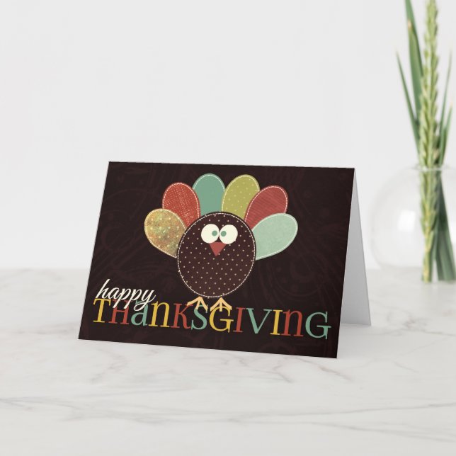 Single Thanksgiving Patchwork Turkey Holiday Card (Front)