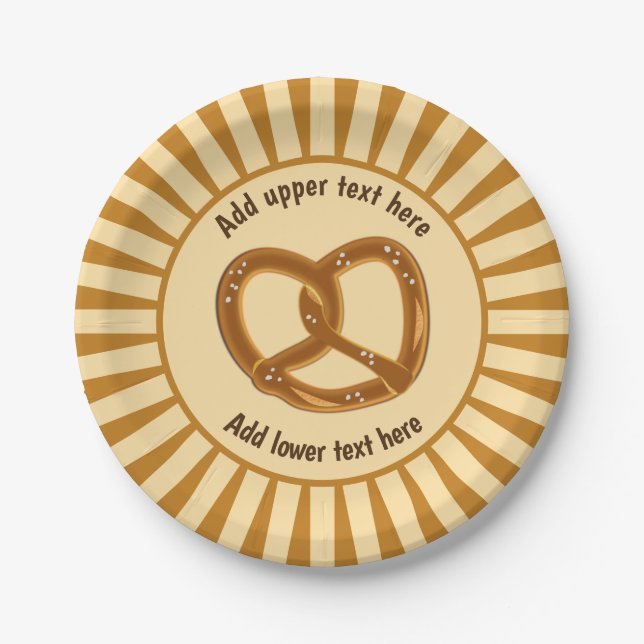 Single Twisted Pretzel on Sunburst - curved text Paper Plate (Front)