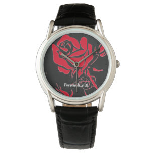 Single vivid red rose from a woodcut print watch