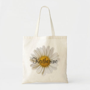 Single White Daisy Flower Custom Name Tote Bag