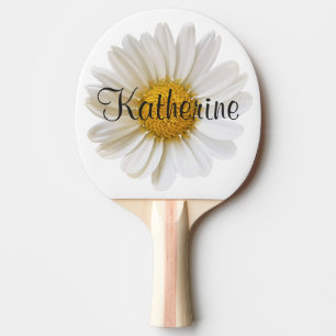 Single White Daisy Flower with Custom Name Ping Pong Paddle
