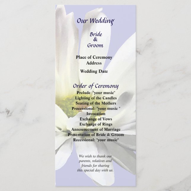 Single White Daisy Wedding Program Programme (Front)