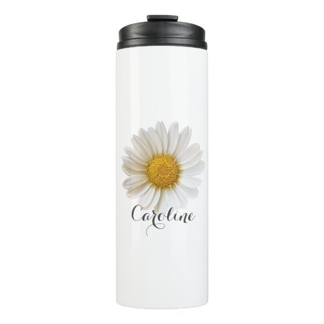 Single White Daisy with Custom Name Thermal Tumbler (Front)