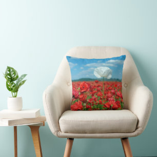Single White Poppy in a Red Poppy Field Cushion