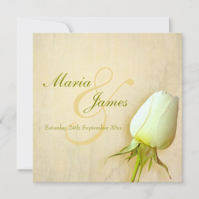 Single white rose bud wedding square invitation (Front)