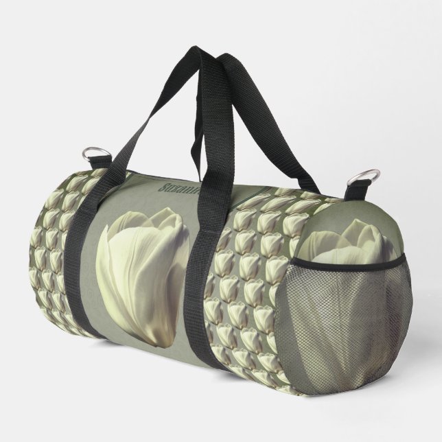 Single White Tulip Flower Personalised Duffle Bag (Right Corner)