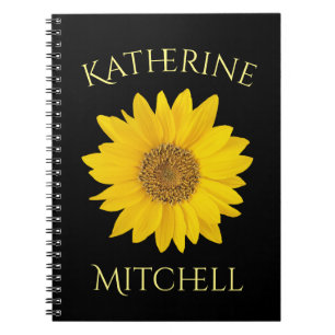 Single Yellow Sunflower Custom Name Black Notebook