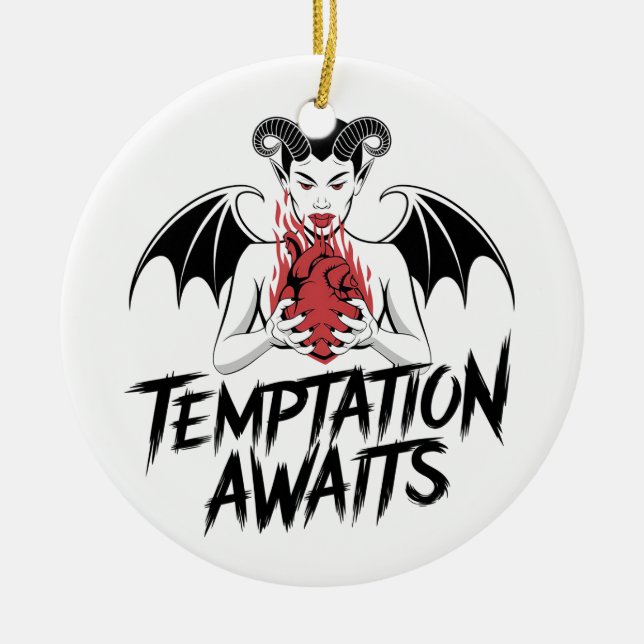 Sinister Gothic Demon Design - Temptation Awaits  Ceramic Tree Decoration (Front)