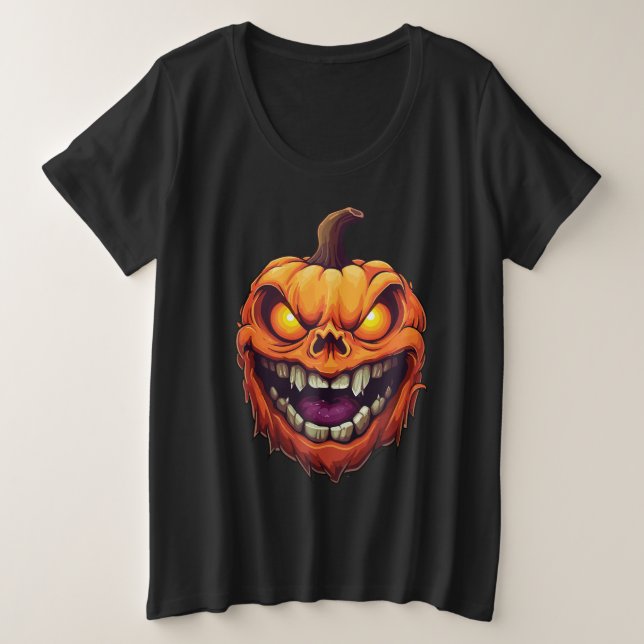 Sinister Grinning Pumpkin Head Plus Size T-Shirt (Design Front)