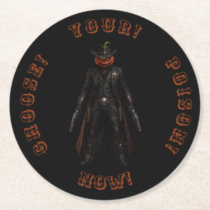 Sinister Pumpkin Sheriff Cowboy Jack-o'-Lantern Gr Round Paper Coaster