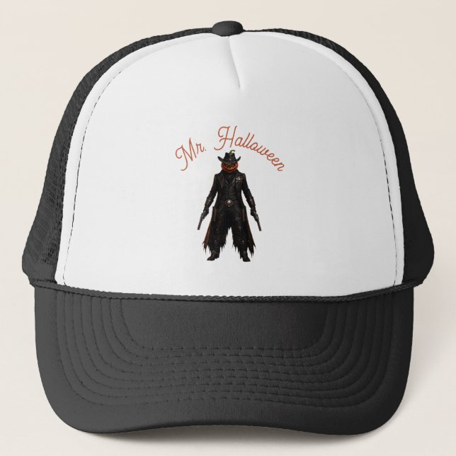 Sinister Pumpkin Sheriff Cowboy Jack-o'-Lantern Gr Trucker Hat (Front)