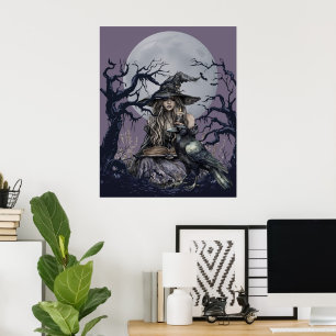 Sinister Witch Casting a Spell in a dark Forest Poster