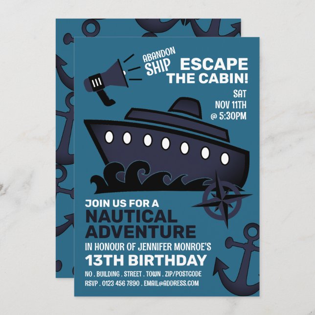 Sinking Ship Theme Escape Room, Birthday Party Invitation (Front/Back)