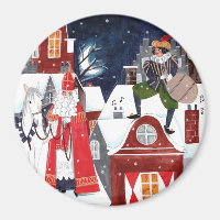 Sinterklaas and Piet on the roofs of Amsterdam But