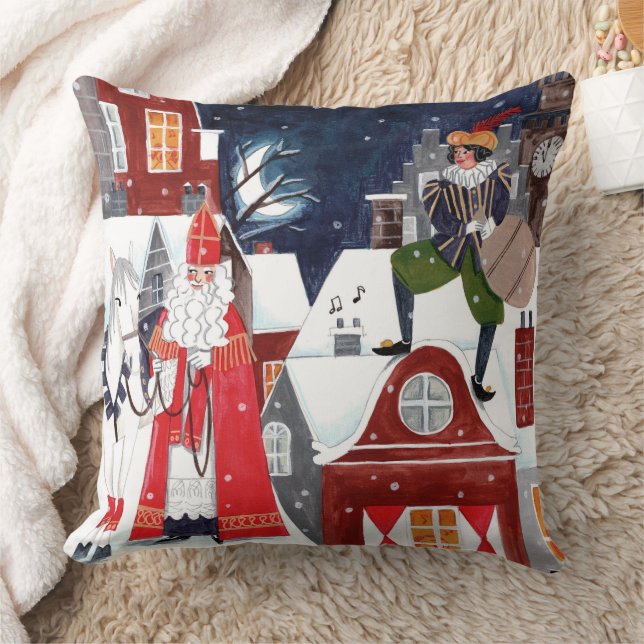Sinterklaas and Piet on the roofs of Amsterdam  Cushion (Blanket)