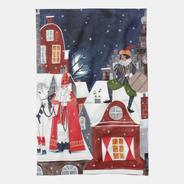 Sinterklaas and Piet on the roofs of Amsterdam Pos Tea Towel (Vertical)
