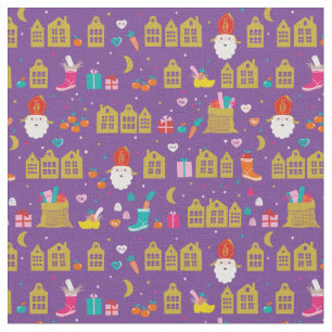 Sinterklaas met huisjes en kadootjes op paars fabric