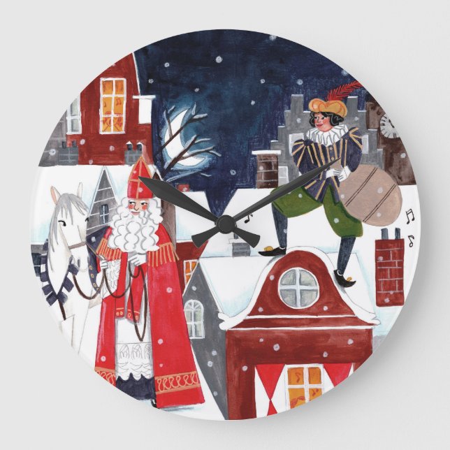 Sinterklaas Night Village Dutch Holiday Wall Clock (Front)
