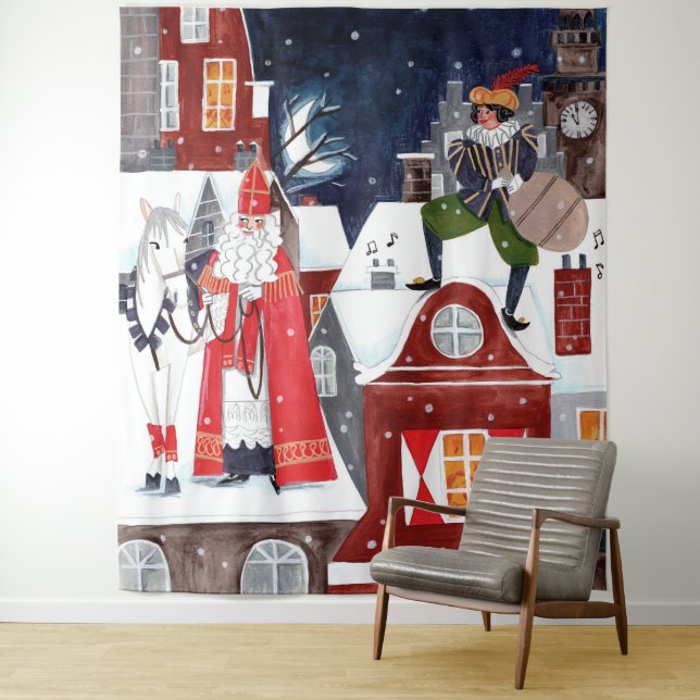 Sinterklaas Night Village Dutch Holiday Wall Tapestry (In Situ)